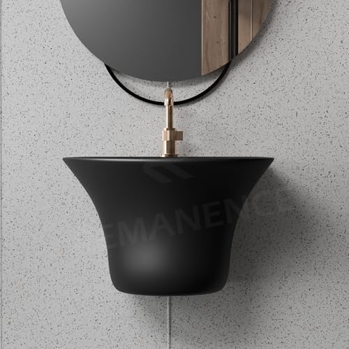Image of REMANENCE Luxury Wall Mount Half Pedestal Wash Basin for Bathroom | Designer Wall Hung Basin | Wall Mounted Washbasin for Resturent, Hotels (16 x 16 x 11 Inch) (Matte Black)