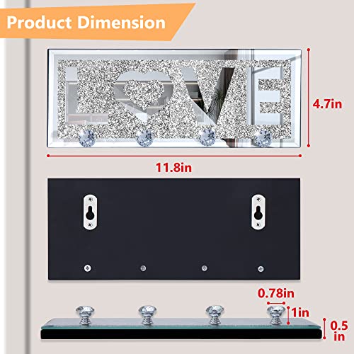 Shyfoy Mirrored Key Holder For Wall Decorative Love Letter Sign Plaque Key Hanger For Wall Decor, Glitter Key Rack Wall Hanger With 4 Crystal Hooks For Entryway Front Door Key Hanging #TOP1