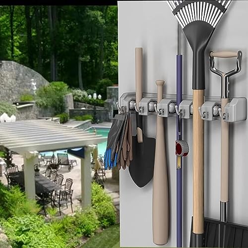 حامل ممسحة ومكانس من سكاي تاتش، منظم مثبت على الحائط، رف تخزين ممسحة ومكانس يوفر المساحة للمطبخ والحديقة والجراج ومكاتب الغسيل، 5 أوضاع مع 6 خطافات (حجم كبير)