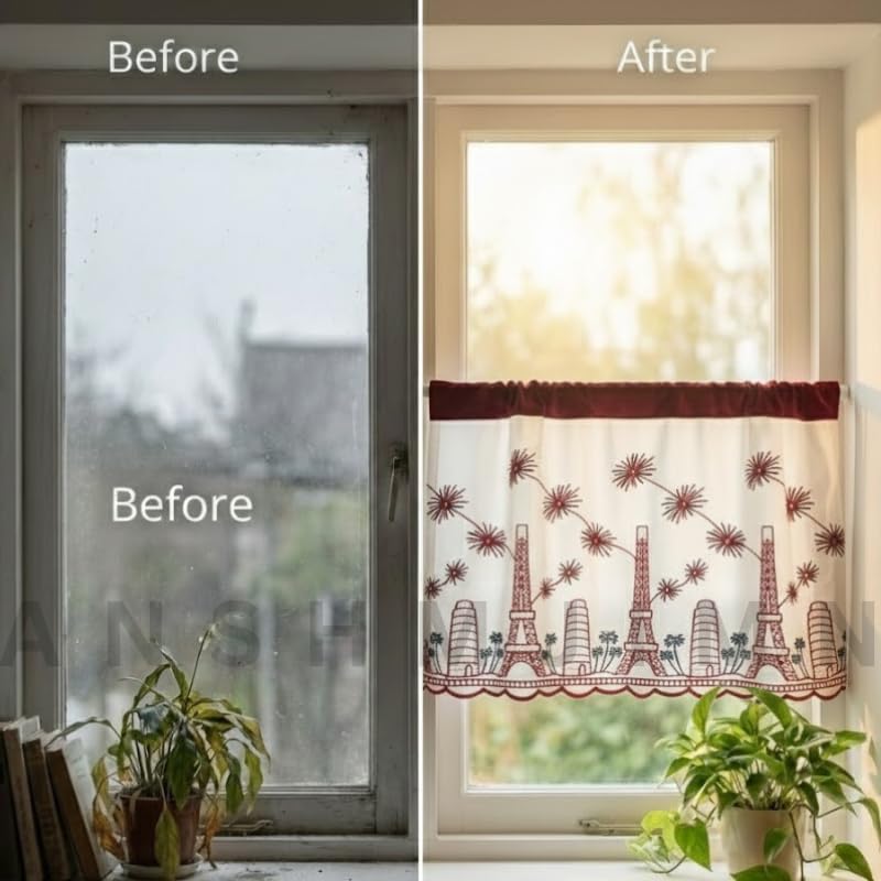 Image of Short Window Curtain for Kitchen, Living Room, Cafe, Restaurant & Home Decor | Elegant Half Window Valance | Length - 24 Inch, Width - 42 Inch (Eiffel Tower, Small)