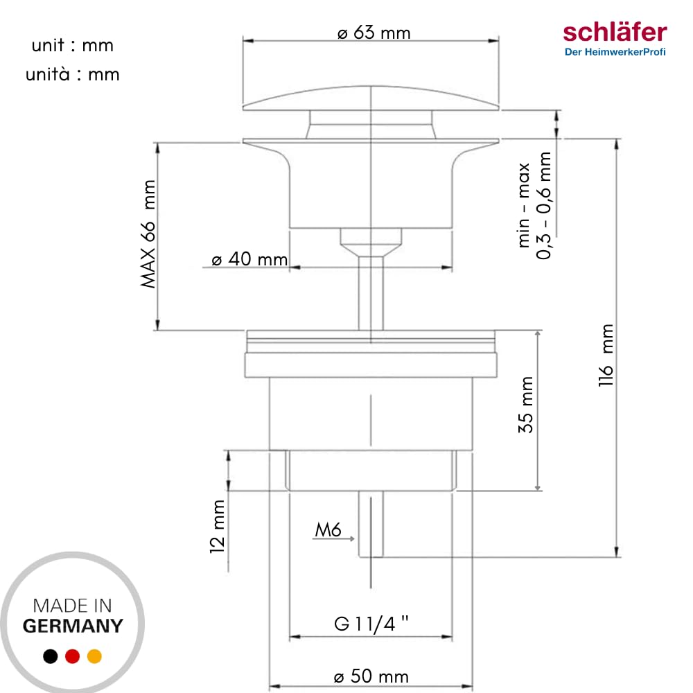 Schläfer | 4051001 - Click Clack Desagüe para lavabo y bidé con rebosadero, desagüe universal para lavabos, válvula de desagüe de latón de 1 1/4 pulgadas.