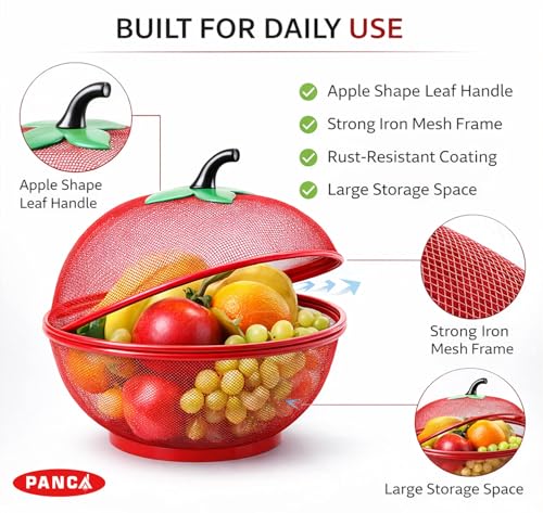 Image of PANCA Fruit Basket for Kitchen Apple Shape with Net Cover | Fruit & Vegetable Storage Stand for Dining Table | Red Fruit Bowl for Home, Kitchen Counter & Daily Use