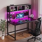 Black Gaming Desk with Hutch and Pegboard - 47 Inch Gaming Desk with Shelves Storage Power Outlets, Computer Teen Work Study Writing Desks for Bedroom Home Office - Image 5