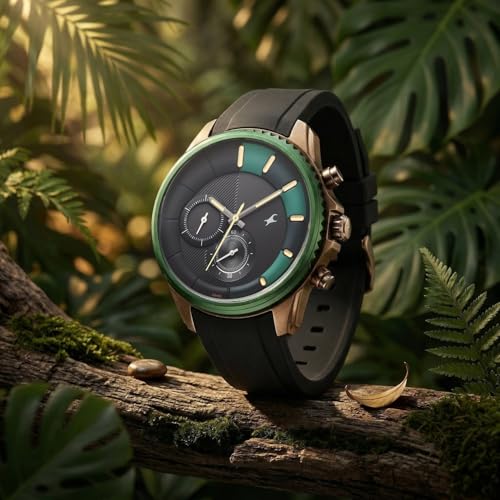 Image of Fastrack Wild Chameleons Back Inspired Bezel with Black and Green Dial Black Silicon Strap Watch for Men - 3337KP01
