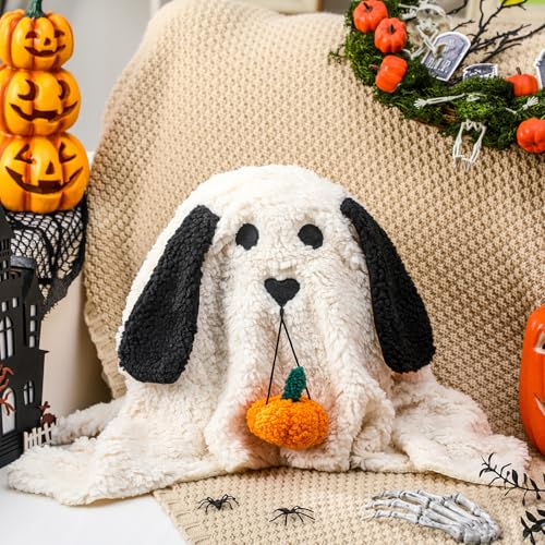 Burbell 11.8 Inch Halloween Dog Ghost Shaped Throw Pillow with Pumpkin Toy Ghost Plush Pillow Cute Spooky Stuffed Animal Soft Halloween Party Decoration for Couch Sofa Home Decor