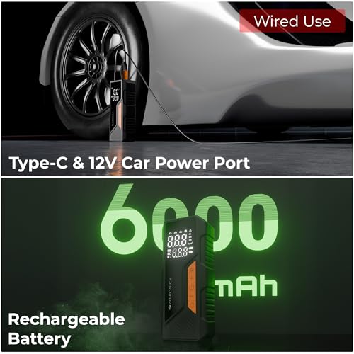 Image of Zebronics, Portable Tyre Inflator, Wired and Wireless, 150 PSI Turbo Inflation, Digital Display, 6000 mAh Rechargeable Battery, Type-C & 12V Support, Power Bank, SOS Light, Multi Nozzles (19TI6A)