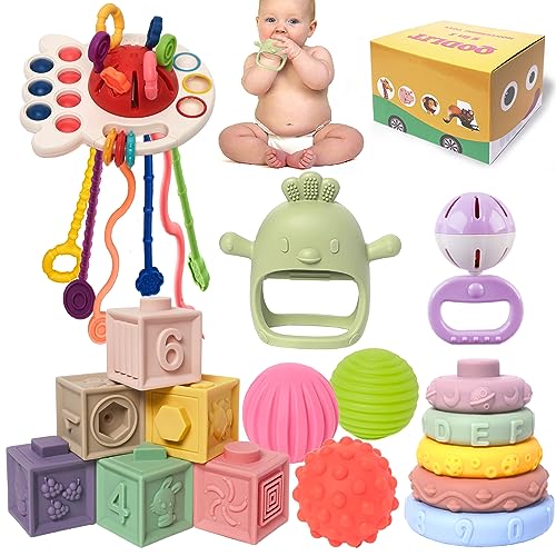 Image of QODLIT Baby Toys 6to12 Months, Teething Toys for Babies, Newborn Baby Rattle Sensory Balls Infant Toys 0-3-6-12 M+, Stacking Blocks & Rings, Pull String Montessori Toys for 1-3 Year Old Boy Girl Gift