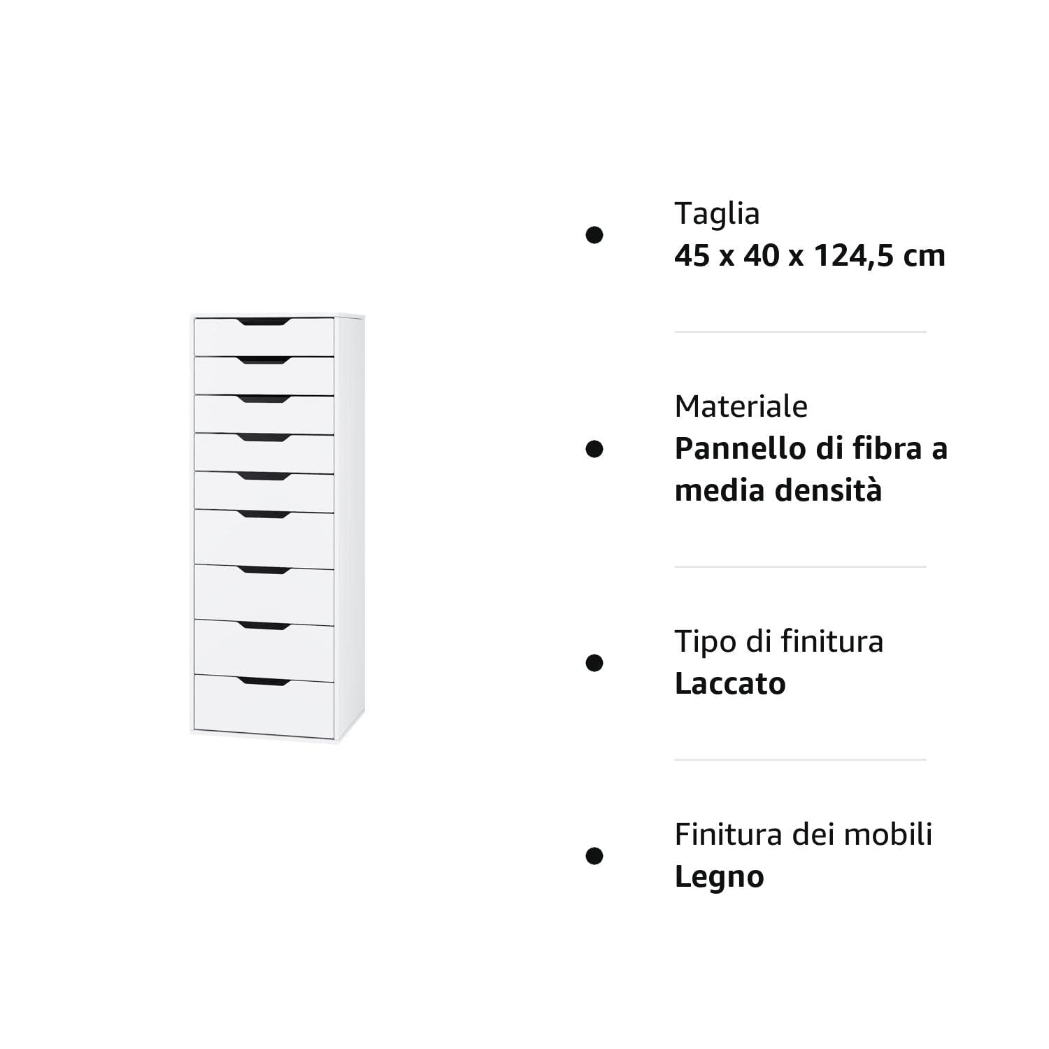 FOREHILL 124,5 cm Cassettiera alta Bianca,Cassettiera a 9 cassetti,Comò con Cassetti Comodino in Legno,Mobiletto Autoportante per Soggiorno, Camera da Letto, Corridoio, Cucina 40 x 45 x 124cm(Bianco)