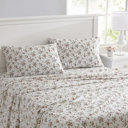 Image of Laura Ashley - Full Sheet Set, Cotton Flannel Bedding, Brushed for Extra Softness & Comfort (Le Fleur Orange, Full)
