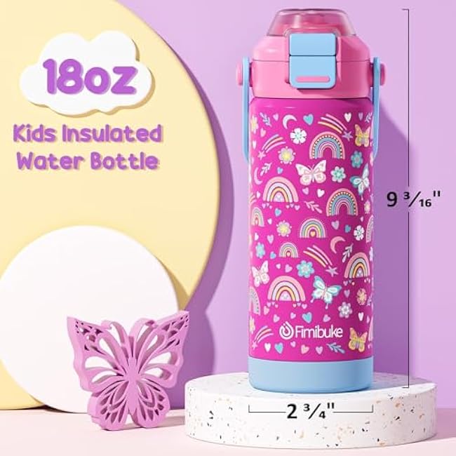 Kids Insulated Water Bottle with Pop-Open Straw & Spout 2-in-1 Lid, 18oz Leak Proof 18/8 Stainless Steel Vacuum Tumbler, BPA-Free Kids Cup For Travel School Boys Girls Toddler, Dinosaur & Monster Car