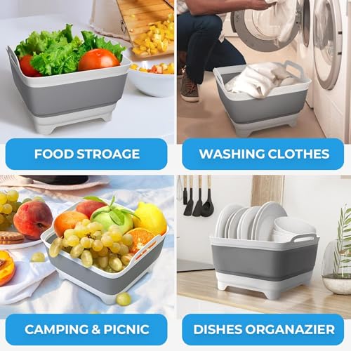 Image of Collapsible Wash Basin with Drain Plug - 2.4 Gallon Foldable Wash Basin for Baby Bottles, Space-Saving Dish Pans for Washing Dishes in Sink, Collapsible Laundry Tub, Portable RV Camping Bin