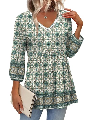 Image of OFEEFAN 3 /4 Length Sleeve Womens Tops 2026 Blouses for Women Dressy Casual Fashion Clothing V Neck Babydoll Tops Fall Outfits