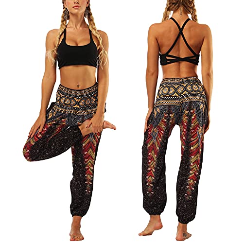 Nuofengkudu Hippiebroek voor dames, harembroek, boho, patroon, gesmokte taille met zakken, vrijetijdsbroek, zomerbroek, yogabroek - Image 3