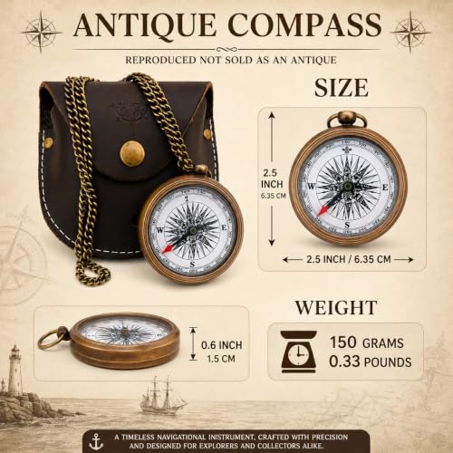 Brújula de bolsillo náutica estilo antiguo de latón con estuche de cuero y cadena, 2.5 pulgadas, compás vintage para navegación marítima, regalo para coleccionistas, viajeros y entusiastas al aire libre miniatura 2