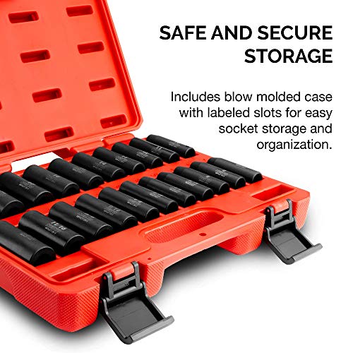 Image of NEIKO 02431A 3 /8 inch Drive SAE and Metric Deep Impact Socket Set | 21 Pieces | SAE 5 /16 inch to 3 /4 inch | Metric 7mm to 19mm | Premium Cr-V Steel | 6-Point Hex Design | Corrosion Resistant Coating
