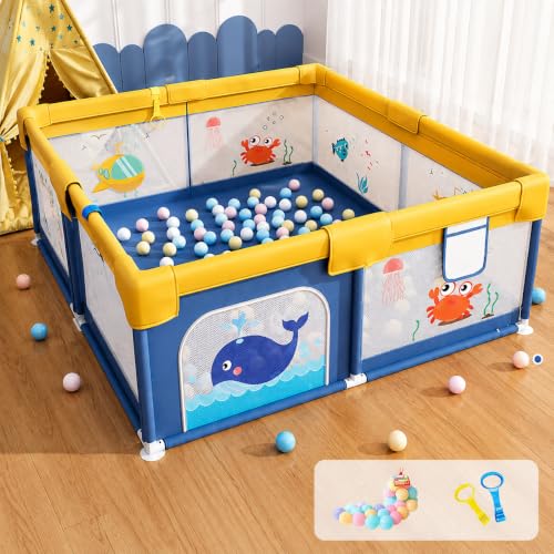 Image of Dawnwake Playpen 150x180cm for Baby 0-5 Years with Safety Lock, Playard with 5-10 Ocean Balls and 2 Grasp Rings (No Mat, Non-Foldable) - Blue