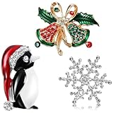 Otuuz 3 Pieces Christmas Brooch Pins Rhinestone Crystal Badges Flashing Elegant Brooch Lapel Pins for Men Women Girls Xmas Party Decorations,snowflake,penguin,bell Bow Knot