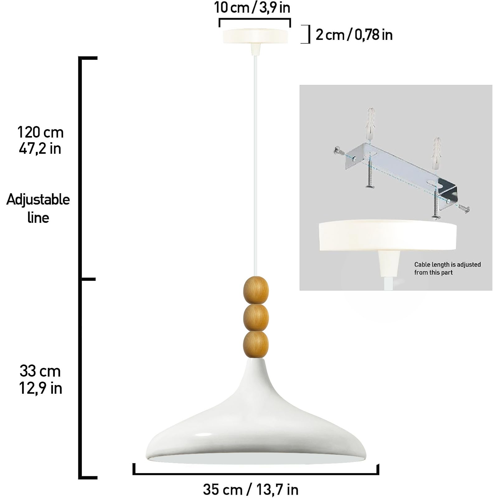 bamyum Champion Legna Lampadario Cucina 35 cm, Lampada a Sospensione da Soffitto Industriale,Lampadario a Sospensione con Paralumi da 35 cm e Lampada per Isola da Cucina in Metallo Bianco