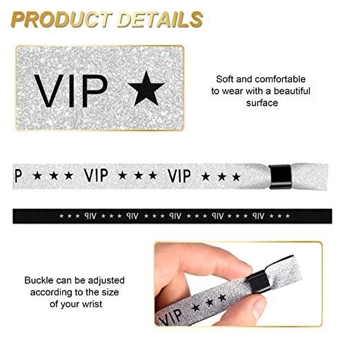 Image of 100 Pcs VIP Wristbands for Events, Premium Cloth Fabric Wrist Bands with Shimmering Lurex Jacquard Weaving, Adjustable Disposable Security Lock Bracelets for Festivals, Nightclubs and Party, Silver