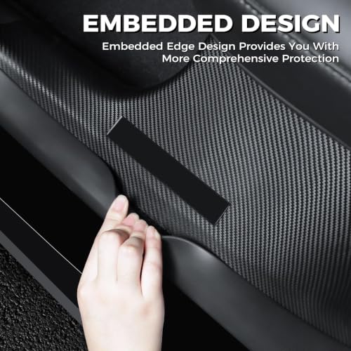 Image of 4 Pcs Door Sill Protector for Tesla Model Y 2019-2024 Only for 5 Seater - Carbon Fiber Scuff Plate Guards with Installation Kit Front & Rear Pedal Kick Protection Fit for Tesla Model Y Accessories