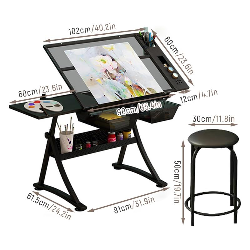 Artist Work Station Drawing Table, Adjustable Height(28-36.6in) & Angle(0°-50°), Home Office Desk, with Stool, Drawers, Side Trays, and Built-in Pencil Ledge (Color : Black, Size :