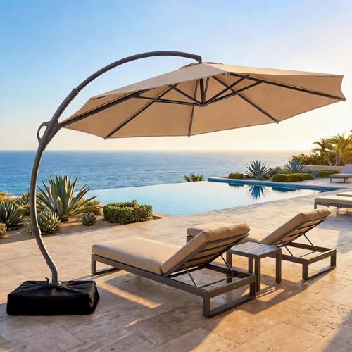 LAUSAINT HOME Outdoor Patio Umbrella with Base included, 11 FT Deluxe Curvy Cantilever Umbrella Heavy Duty Offset Hanging Umbrella with 360° Rotation for Market, Pool, Garden, Backyard, Deck (Beige)