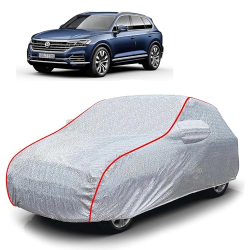 Image of Sulfar 100% Waterproof Car Body Cover Compatible with Mirror for Volkswagen Touareg (Triple Stitched, Full Bottom Elastic, Magic Silver with Red Piping)