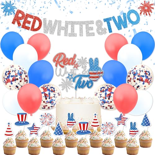 Red White & Two Birthday Decorations - 4th of July 2nd Birthday Decorations for Kids With Banner Cake Topper Cupcake Toppers Balloons