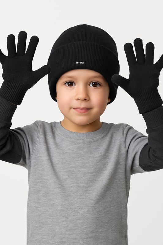 KETKAR Kids Winter Beanie & Gloves Set – Soft Knit Warm Cap with Matching Gloves for Boys & Girls | Cozy Winter Wear for Kids (Black, Age 2-5 Years) – Pack of 1 2
