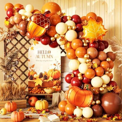 Image of 162pcs Fall Balloon Arch Kit, Thanksgiving Garland in Burnt Orange Burgundy Coffee Nude Balloons with Foil Pumpkins, Pinecones & Maple Leaves for Thanksgiving Autumn Harvest Birthday Party