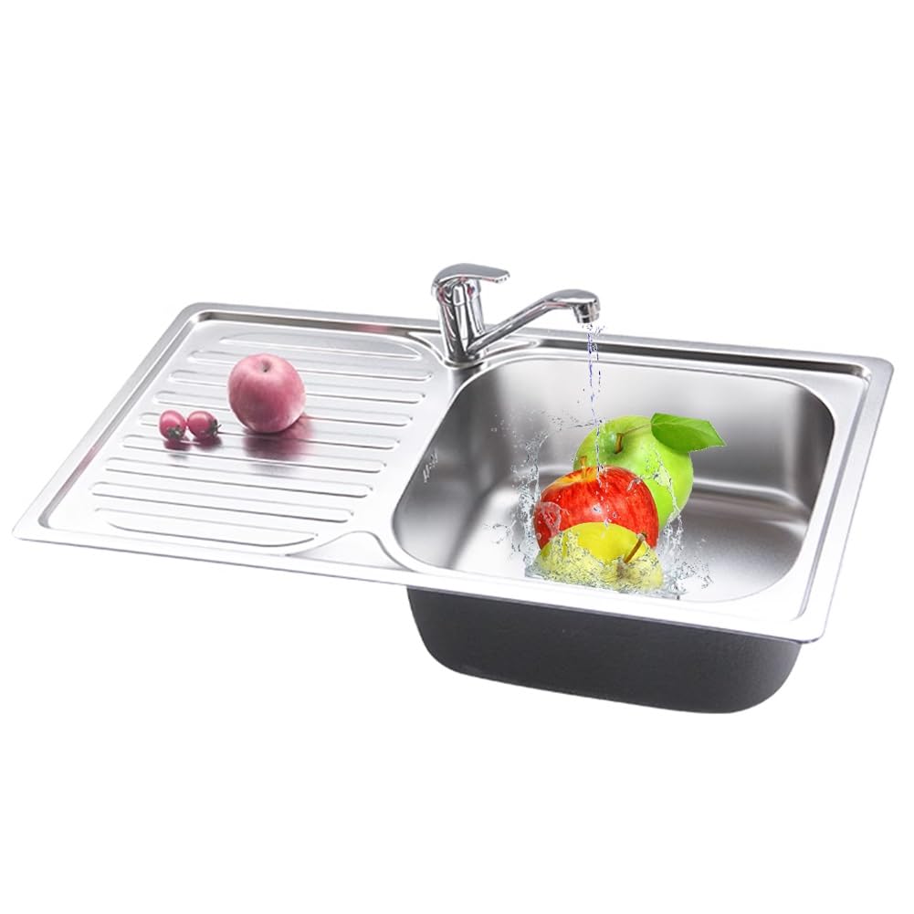 WDSOPK Kitchen Sinks, 304 Stainless Steel Utility Sink with Drainboard, Single Bowl Workbench Sink for Restaurant, Kitchen Bathroom Lavatory,Left-Kit B-81.6x48.1cm