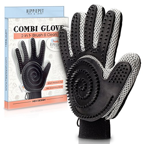 The Combi Glove – Pet Grooming Glove Brush with Dog and Cat Hair Remover from Furniture, Carpets, Clothes, and More for Easy Clean-Up – Double-Sided, De Shedding Silicone Massage Mitt by Hippiepet