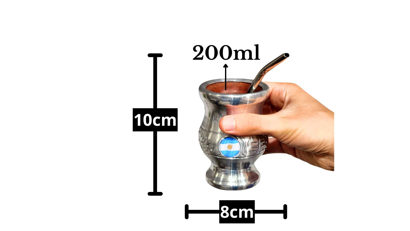 Mate Argentino Yerba Mate Cup Clásico, Hecho a mano en Madera de Algarrobo Natural con Recubrimiento de Acero Inoxidable, Mate con bombilla pico de loro, Gourd mate cup