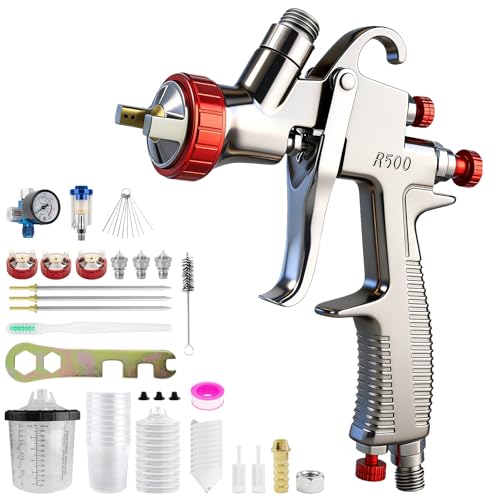 SRQ R500 LVLP Spray Gun Kit, Includes 650ml Mixing Cup and 10 Disposable Cups, Automotive Spray Gun Kit Equipped with 1.3/1.5/1.7mm Nozzles. Professional Air Paint Spray Gun Suitable for Clear Coats