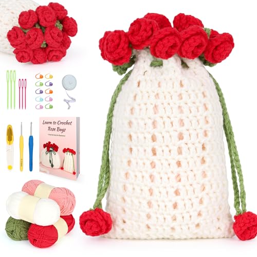 Katech Kit de crochê para iniciantes – Bolsa de buquê de flores de crochê, kit inclui fios, ganchos, guia passo a passo, agulhas e acessórios – Presente para iniciantes de crochê para adultos e