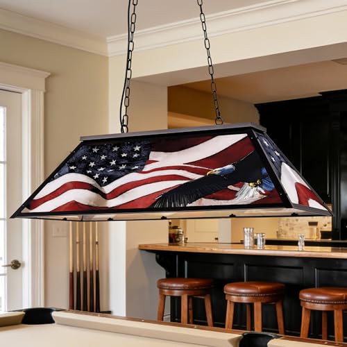 Obihivlo 4-Light Tiffany Pool Table Lamp 43 Billiards Light Fixture for 7-8 Pool Table Hanging Lamp with American Flag High Light Transmittance Shade Suitable for Game Room Man Cave