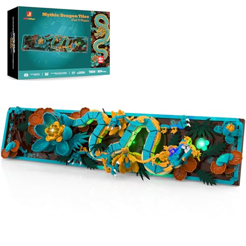 JMBricklayer Mythische Drachen Fliesen Bauspielzeug mit Licht 70019 3D Art Zuhause Büro Wanddeko Drache Tisch Deko Bauset Dragon Blume Bilder Wandkunst Klemmbausteine Geschenk für Erwachsene