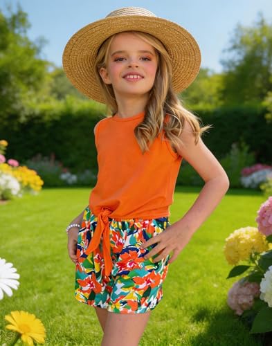Image of Arshiner Girl's 2 Piece Outfits Tie Knot Tank Top and Paperbag Waist Pocketed Summer Short Sets