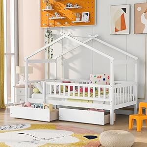 Twin Size Wooden House Bed with Two Storage Drawers for Kids, Wood Platform Bed Frame with Fence, Roof, and Safety Guardrail for Kids, Teens, Girls, Boys, White Twin Size Wooden House Bed with Two Storage Drawers for Kids Wood Platform Bed Frame with Fence Roof and Safety Guardrail for Kids Teens Girls Boys White