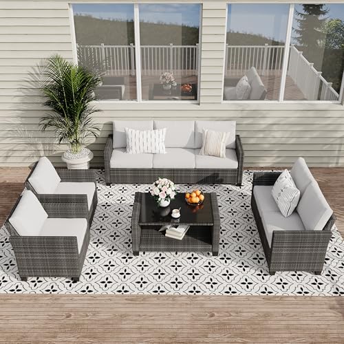 Patio Furniture Set 5 Pieces, 7-Seat PE Rattan Wicker Outdoor Sectional Patio Conversation Set with Waterproof Cusions and Coffee Table, Grey and Grey