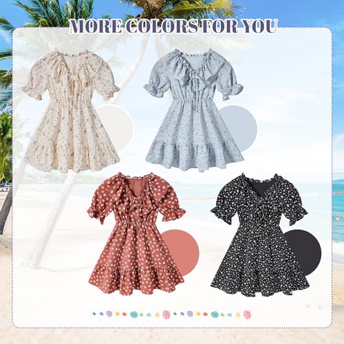 Girls Dresses Short Sleeve Floral Dress Kids Casual Boho Dress V Neck Ruffle Smocked High Waist Midi Outfit4