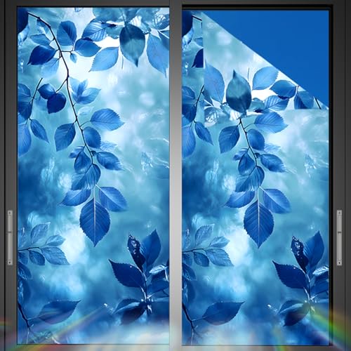 Image of Nuxovilar, Blue Leaf Art Window Film, 17.7x39.4inch | Blue Foliage Pattern Static Cling for Living Room (Sparkle)