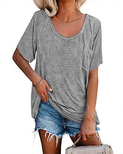 Womens Tunic T Shirts Short Sleeve Round Neck Soft Loose Shirts Summer Casual Tops with Pocket