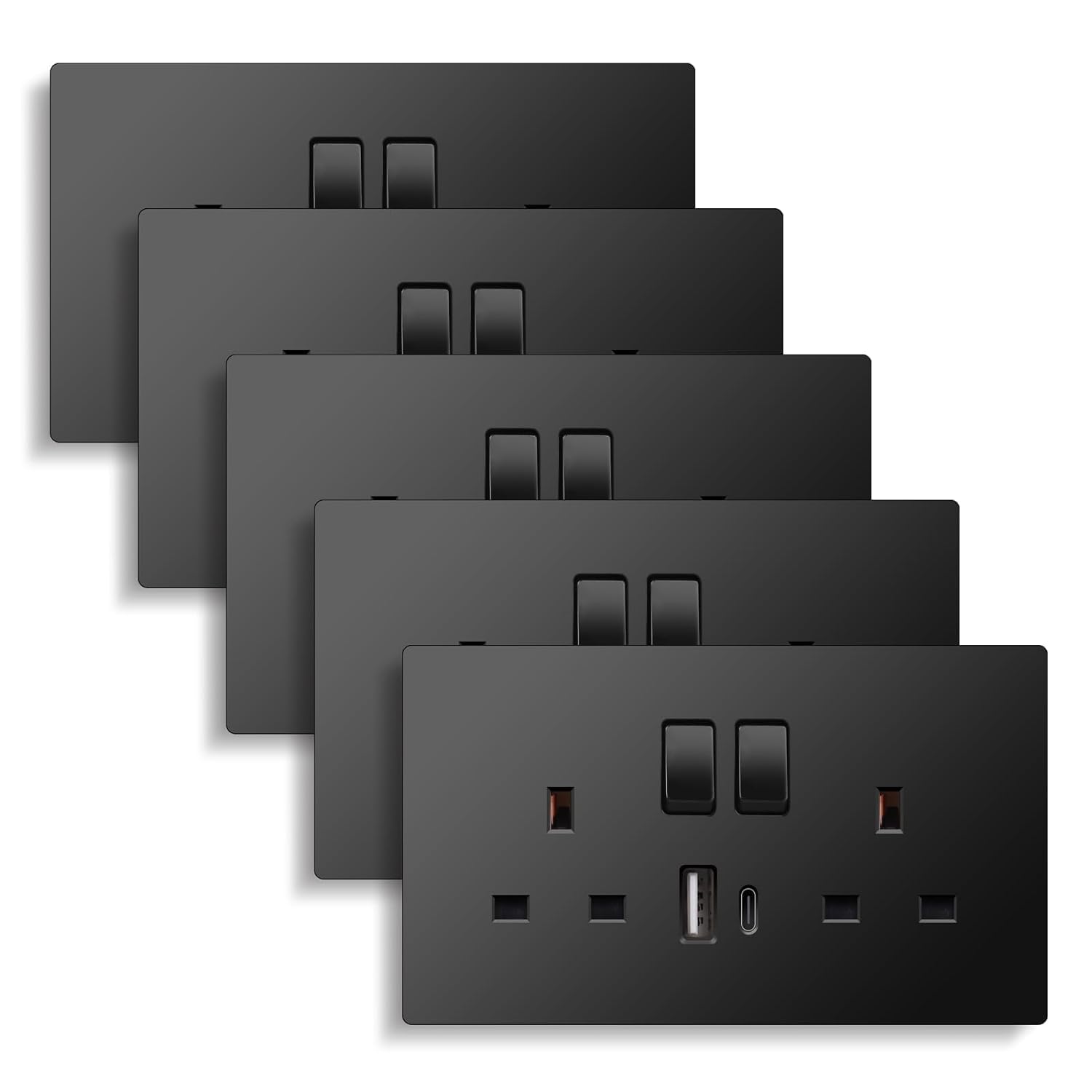 CNBINGO Double Switched Socket with 20W PD USB C and A Fast Charging Ports, Electric Power Socket 2 Gang 13 Amp, Wall Outlet Black PC Panel, 5 Pack