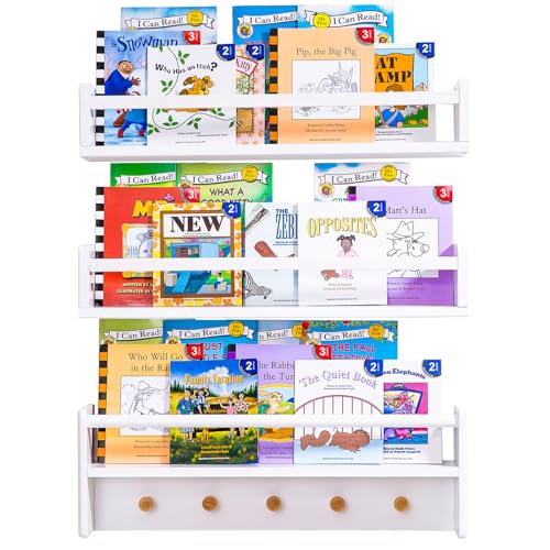 Image of AZSKY Wall Mounted Nursery Floating Book Shelves for Kids Books White Baby Book Shelves for Wall Under Window Bookshelf 24 in Book Display Wall Shelf a Set of 3 Bathroom Organizer Spice Racks