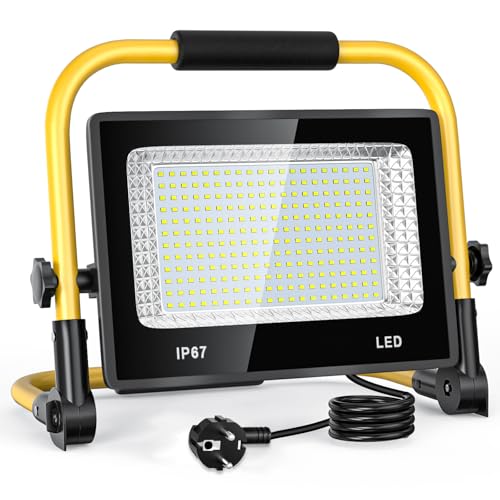 Foco de Trabajo LED 100W,10000LM Foco LED Portátil con Cable de 2M 6500K Luz Blanca de Construcción, Exteriores Impermeable IP67 Soporte plegable para Obra, Taller, Garaje