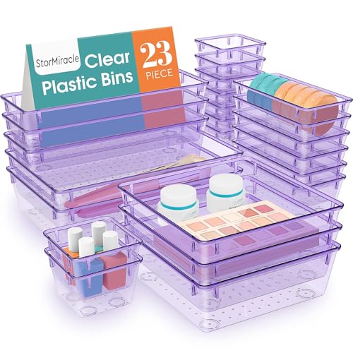 Image of 23 PCS Drawer Organizer Set, 5 Size Bathroom and kitchen organizer Trays | Bathroom and kitchen Drawer cabinet organizer Trays, Clear Storage Bins for Makeup, Jewelry, Utensils and Gadgets