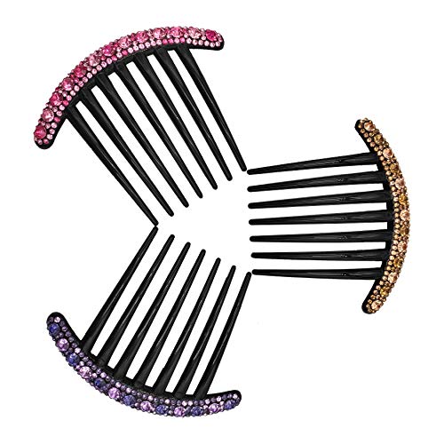 Shonphen 3 side combs, seven-tooth turtle backcombs fixed hairstyle, Rhinestone, three colors of gold, purple and pink, 4.1in 3 pieces.