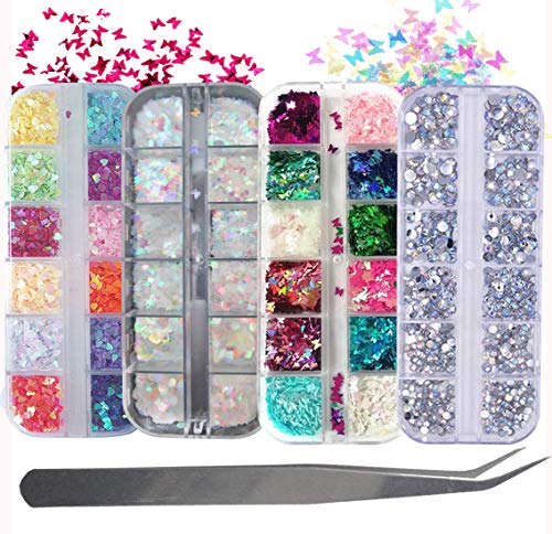 Iridescent Holographic Butterfly Nail Art Flakes Glitter Sequins Nail Tips Design, 3D Rhinestones Nail Decorations Colorful Clear Nail Crystal Gems with Applicator (Butterfly)