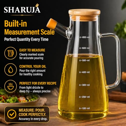 Image of Glass Oil Dispenser Bottle, Anti-Drip Spout, Leakproof Borosilicate Glass Oil Container with Measurement Markings for Kitchen, Olive Oil, Vinegar & Cooking (920, Milliliters)